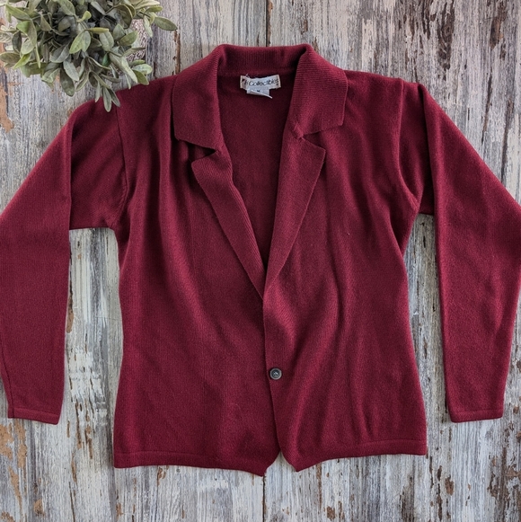 Vintage Merino Wool Red Collared Cardigan Women's Medium - Picture 3 of 8